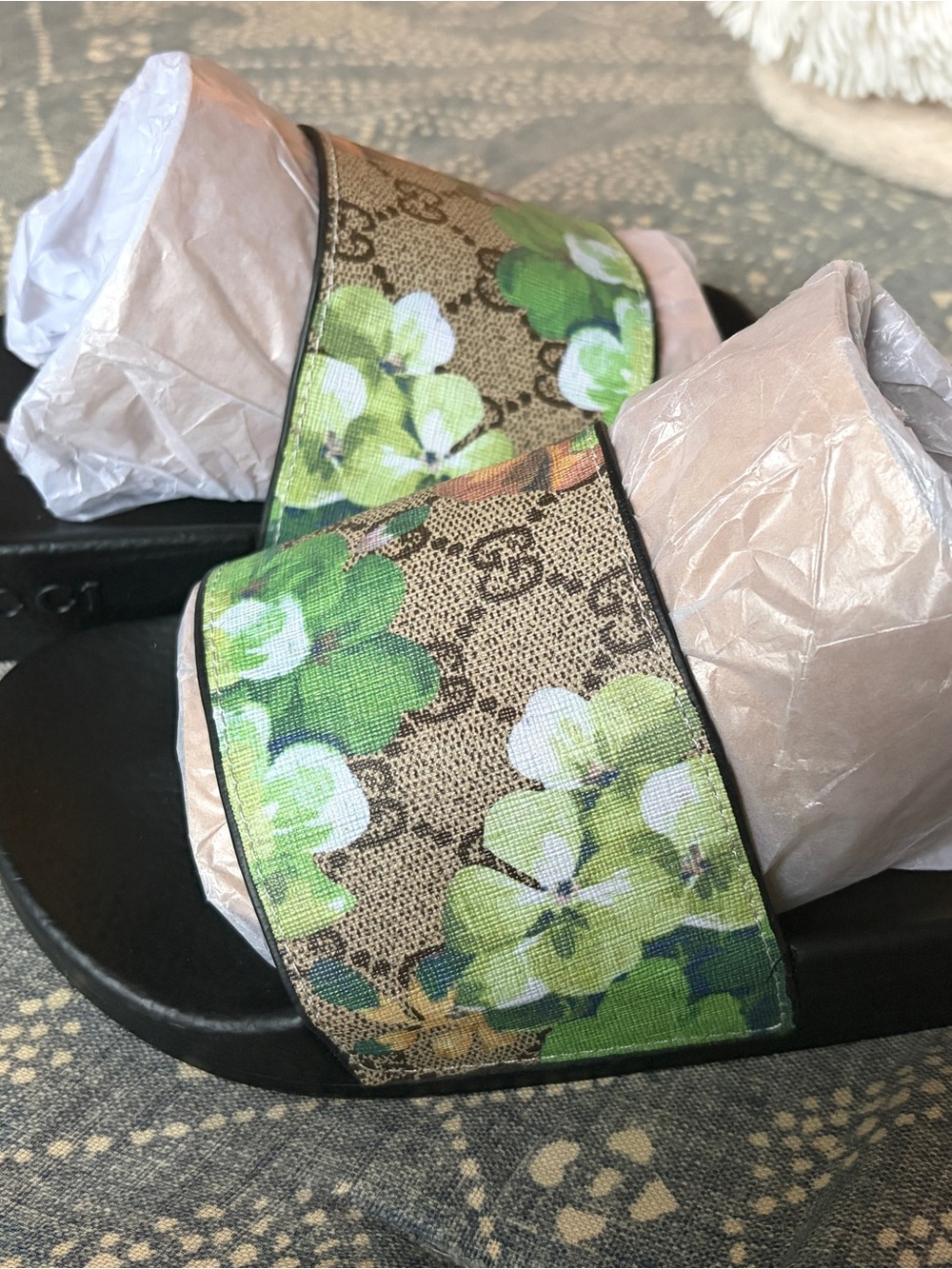 Floral Monogram Slide Sandals - Green Floral